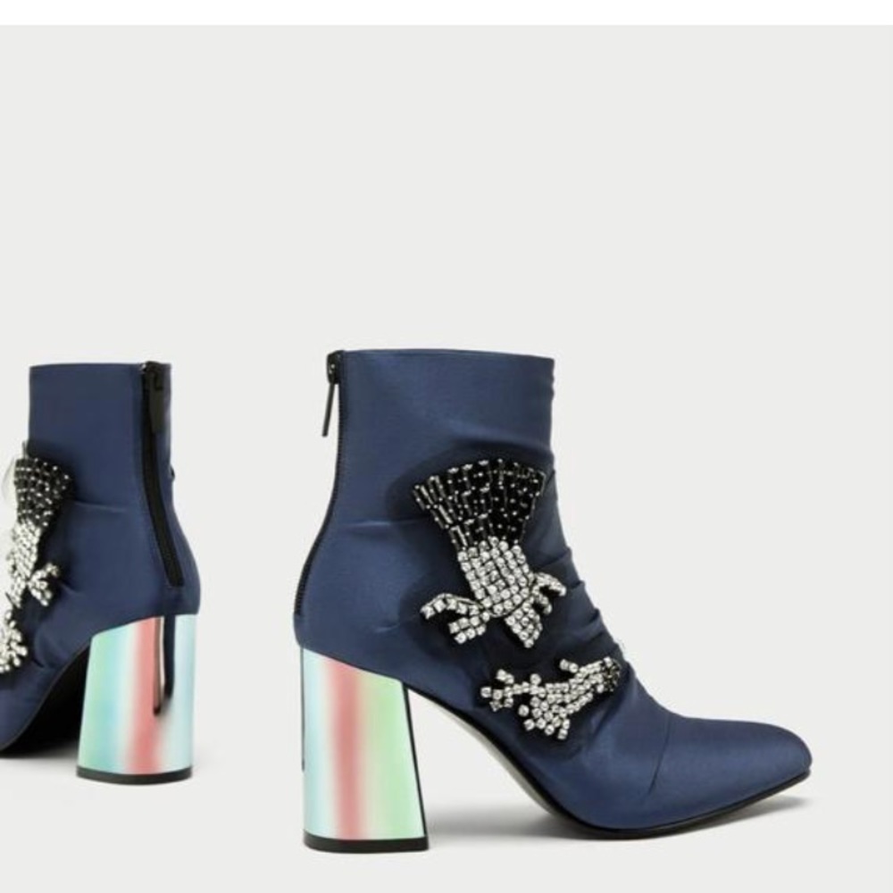 ZARA Bejeweled Blue Satin Iridescent Heel Booties